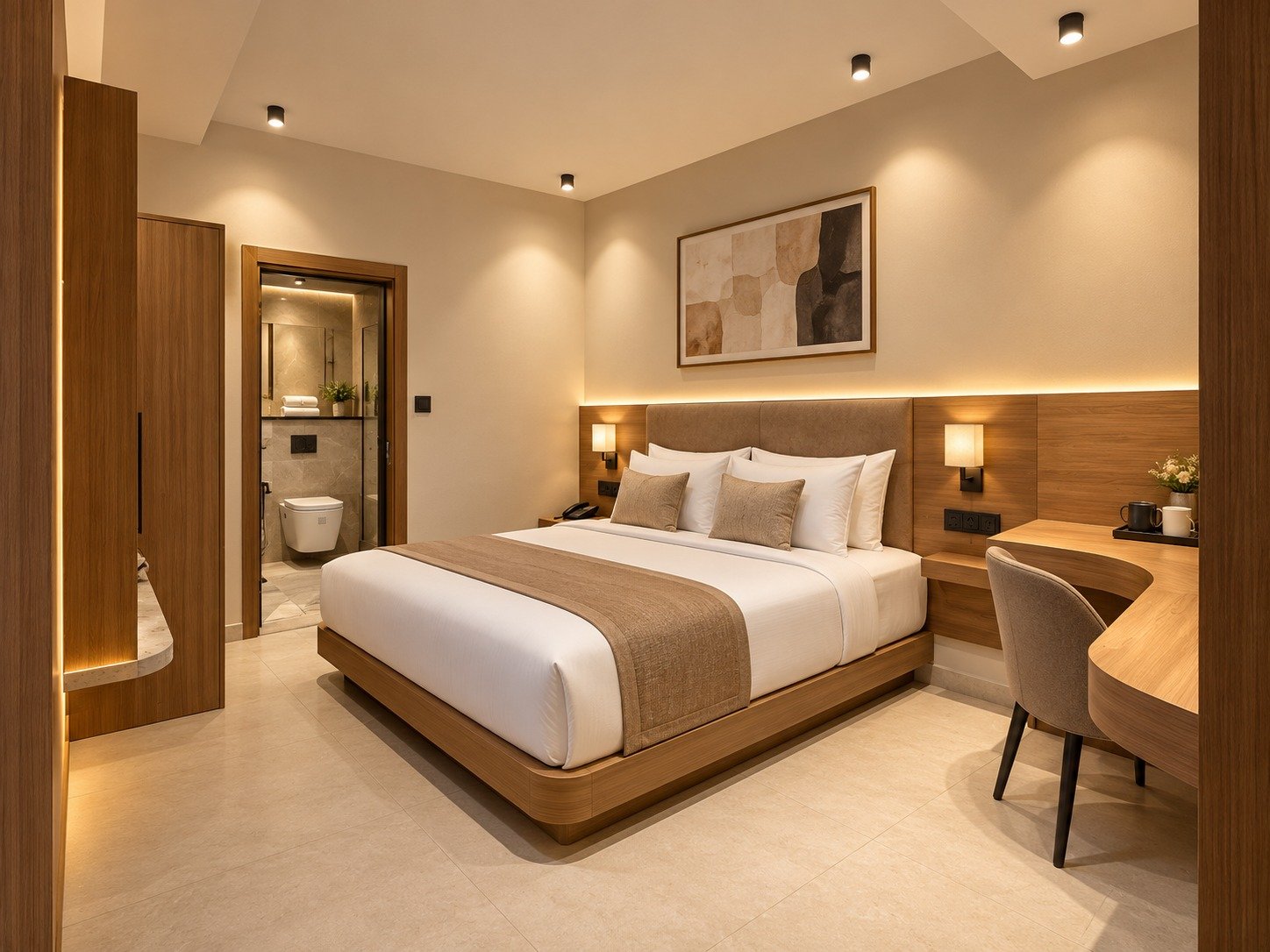 A guest room at Hotel Royal Regent with a comfortable bed, warm wood furniture and an en-suite bathroom